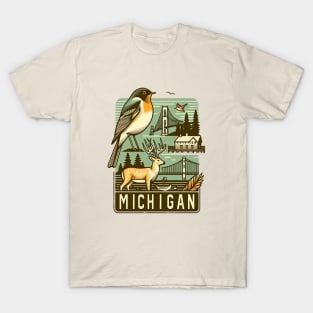 Michigan's Vintage Line Art - Nature and Landmarks T-Shirt